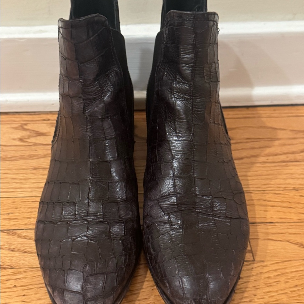 Stuart Weitzman Croc Embossed Brown Ankle Boots